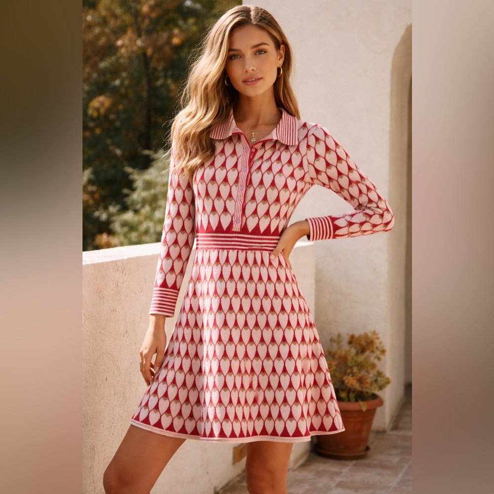 Chic Long Sleeve Patterned Dress in Red